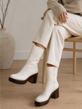VINCE Nicco women's‎ leather block heel mid-calf boot in milk size 9.5